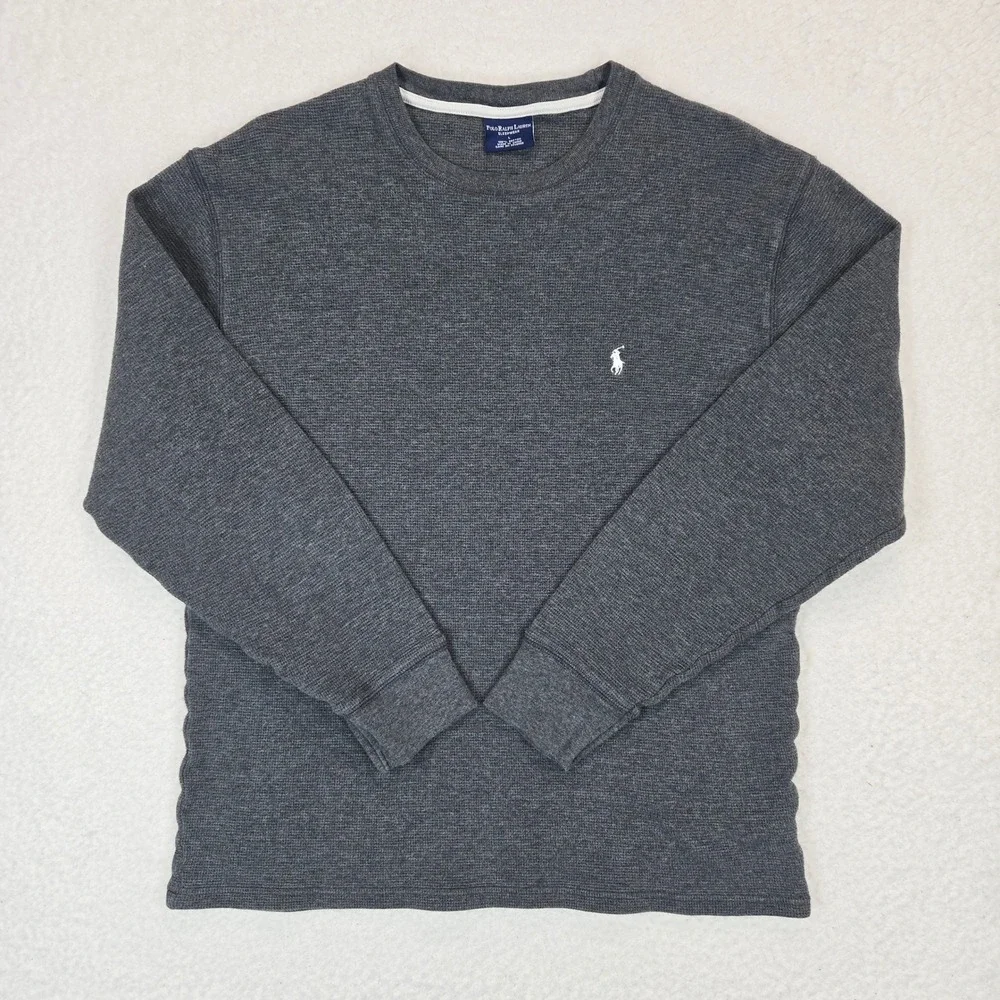 Polo Ralph Lauren Thermal Shirt Men Large Gray Waffle Knit Long Sleeve Sleepwear